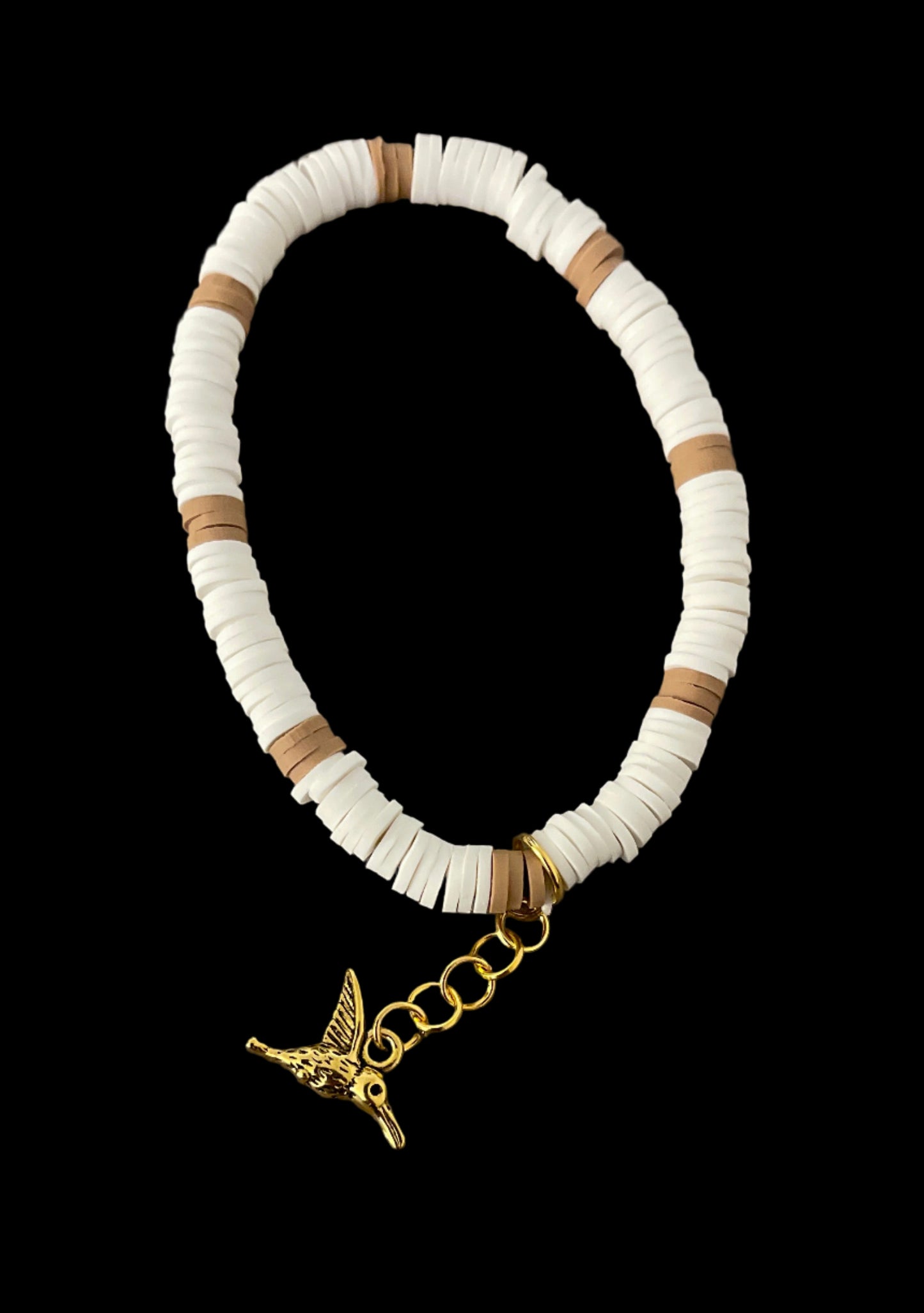 Autumn brown w/white clay beads elastic bracelet with dangling birdie