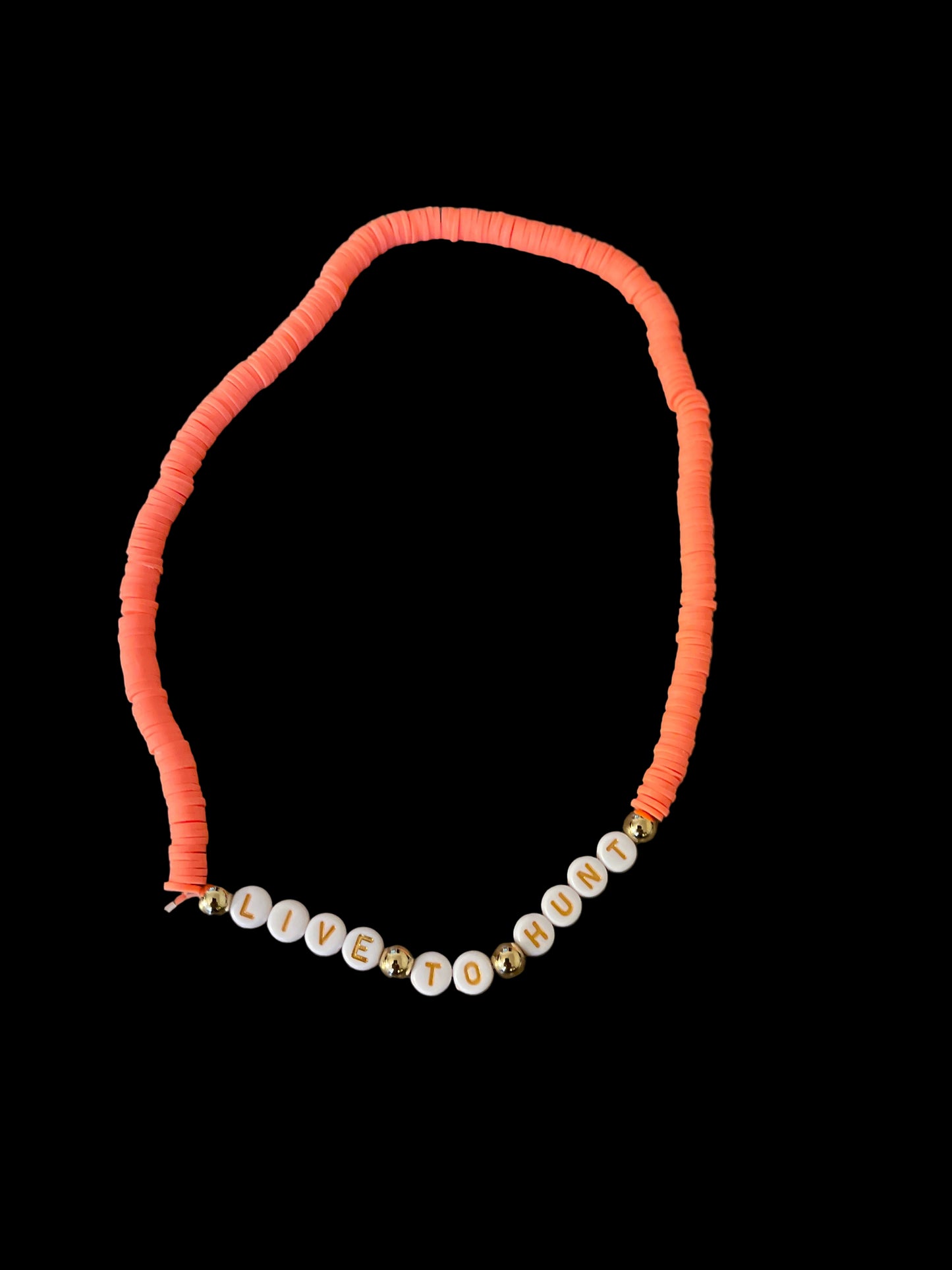 15in choker necklace, orange with “LIVE TO HUNT” written on it