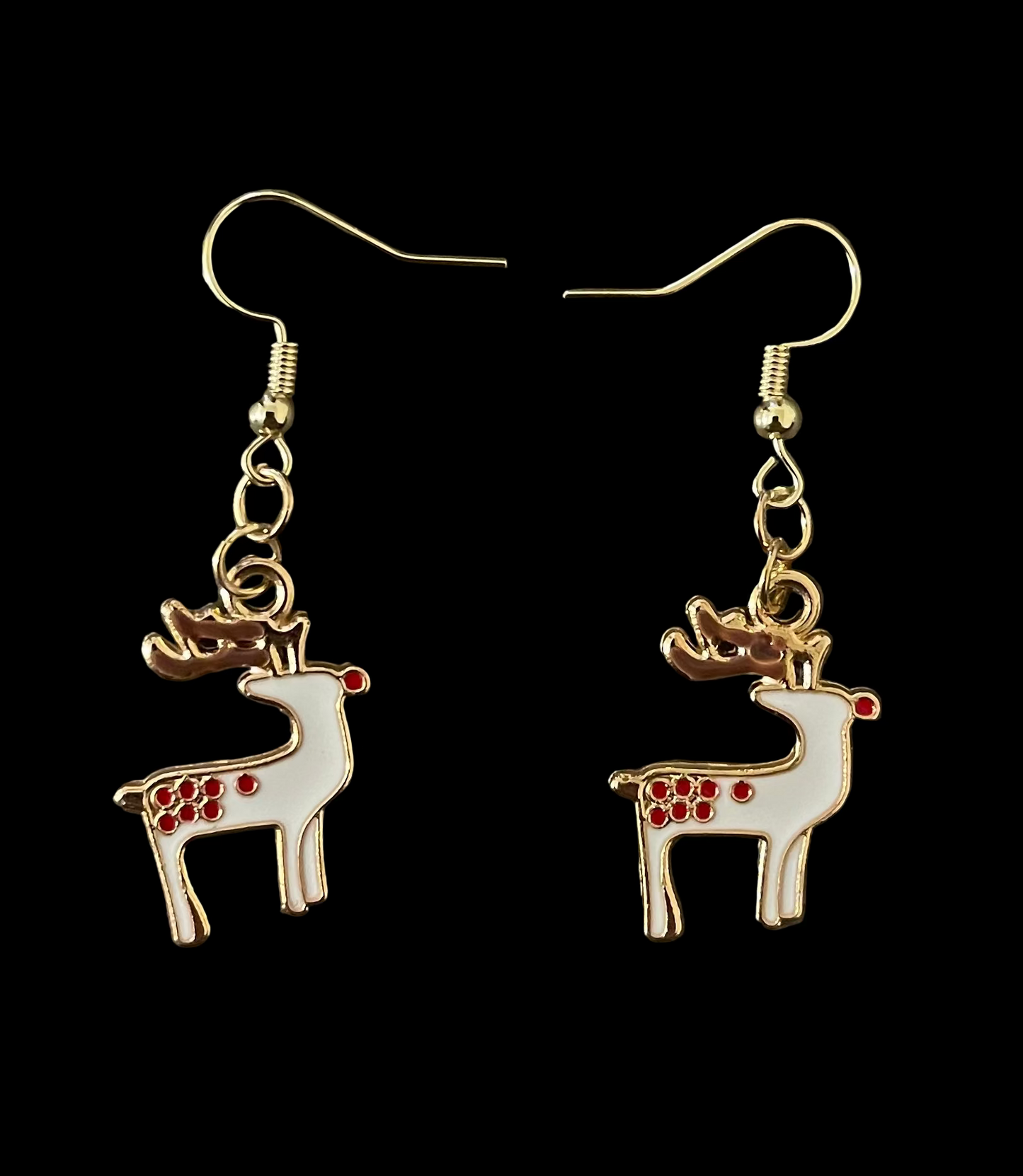 White deer with little red rubies Christmas earrings