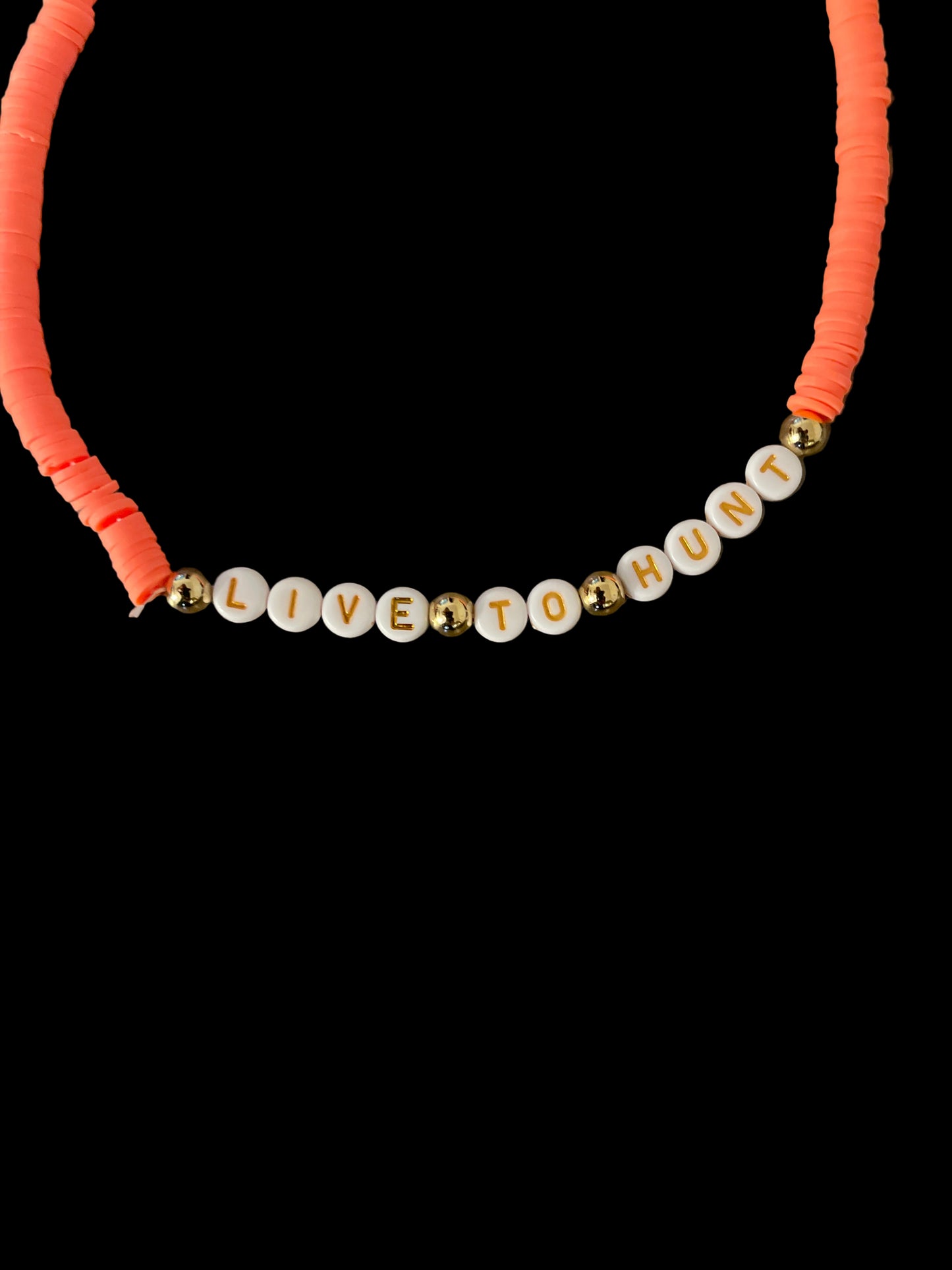 15in choker necklace, orange with “LIVE TO HUNT” written on it
