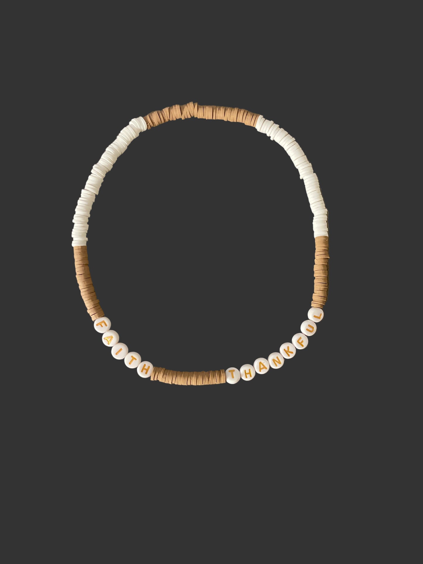 14inch choker necklace with “FAITH” and “THANKFUL” on it with brown and white beads