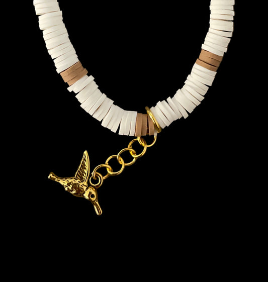 Autumn brown w/white clay beads elastic bracelet with dangling birdie