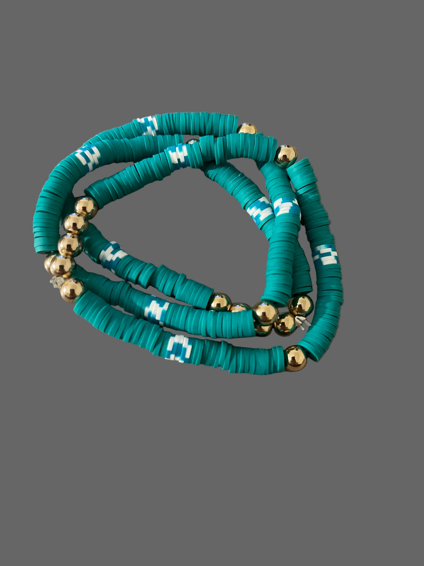 Christmas 7.5in bracelet and 14in choker necklace. Green and white clay beads with gold accents