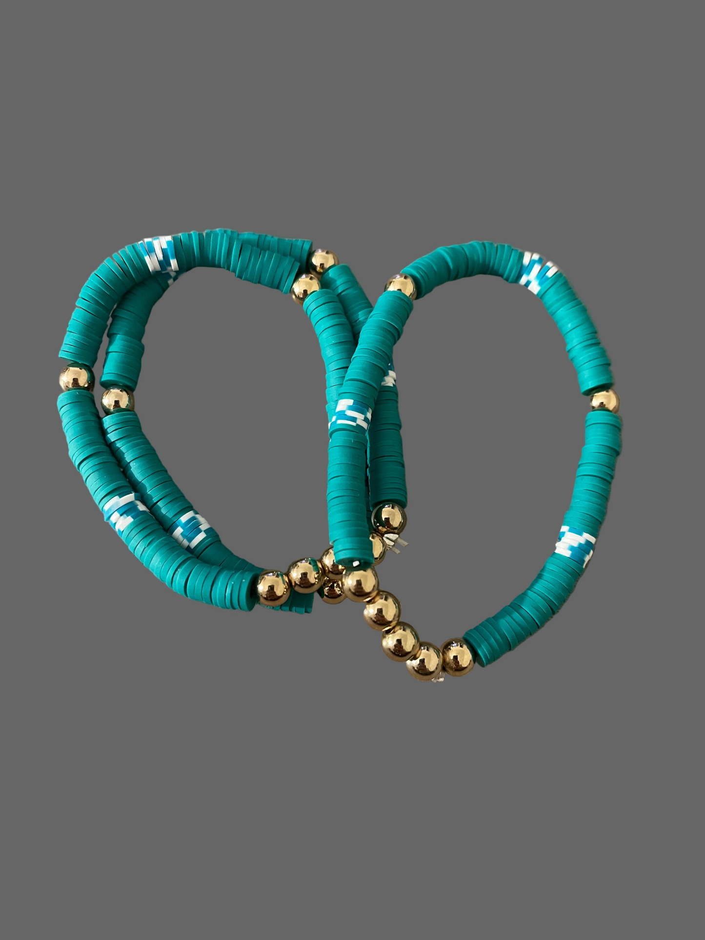 Christmas 7.5in bracelet and 14in choker necklace. Green and white clay beads with gold accents